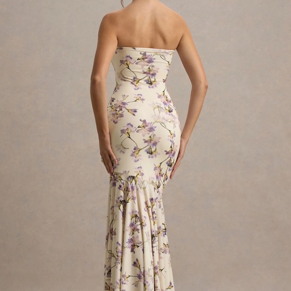 Club L London Callie Lemon floral print bandeau fishtail maxi dress - Picture 5 of 8